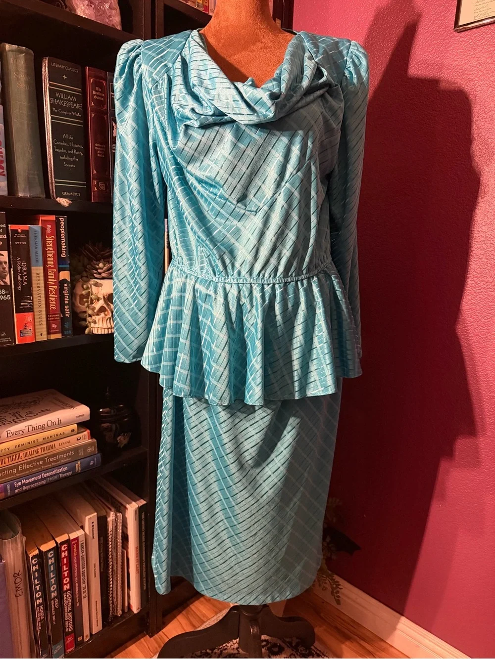 Vintage late 80’s Turquoise Satin Peplum Skirt Set- beautiful! Mary My Luv